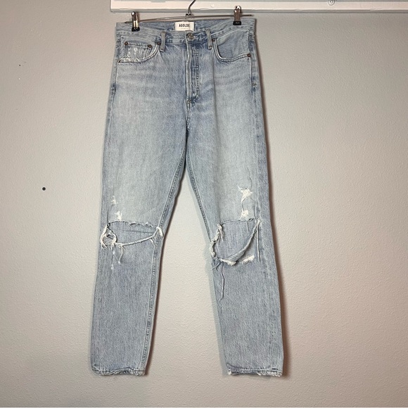 Agolde Jamie High Rise Classic Jeans Ankle Crop Size 27 Light Wash Distressed - Picture 5 of 13